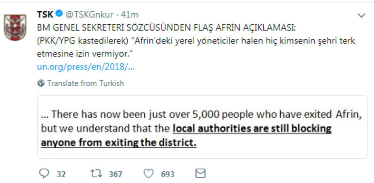 TSK, Twitter'dan Dujarric'in sözlerini paylaştı - Resim : 1