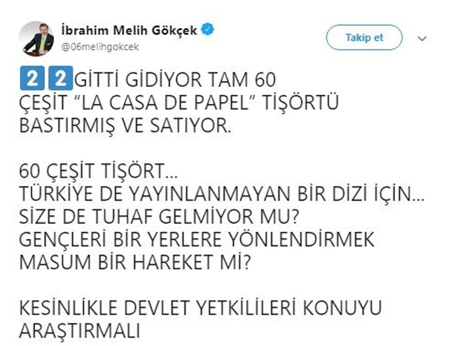 Melih Gökçek’in ‘La Casa De Papel’ takıntısı sürüyor - Resim : 1