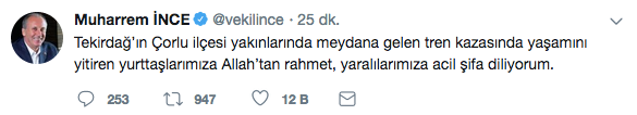 Muharrem İnce'den tren kazasına ilişkin taziye mesajı - Resim : 1