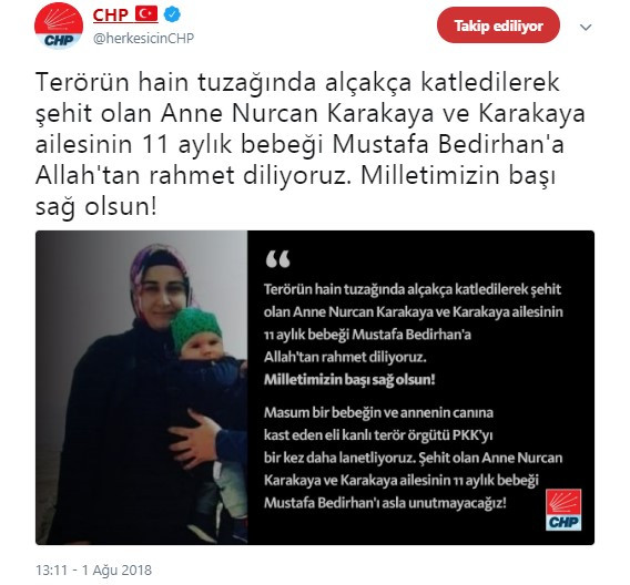 CHP'den şehit anne bebek için taziye mesajı - Resim : 1