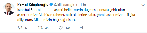 Kılıçdaroğlu'ndan düşen helikopterle ilgili başsağlığı mesajı - Resim : 1