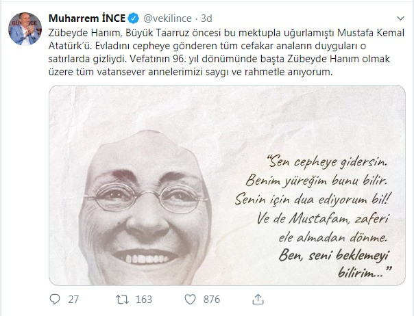 Muharrem İnce'den Zübeyde Hanım mesajı - Resim : 1