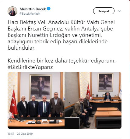 Hacı Bektaş Veli Anadolu Kültür Vakfı'ndan Muhittin Böcek'e tebrik - Resim : 1
