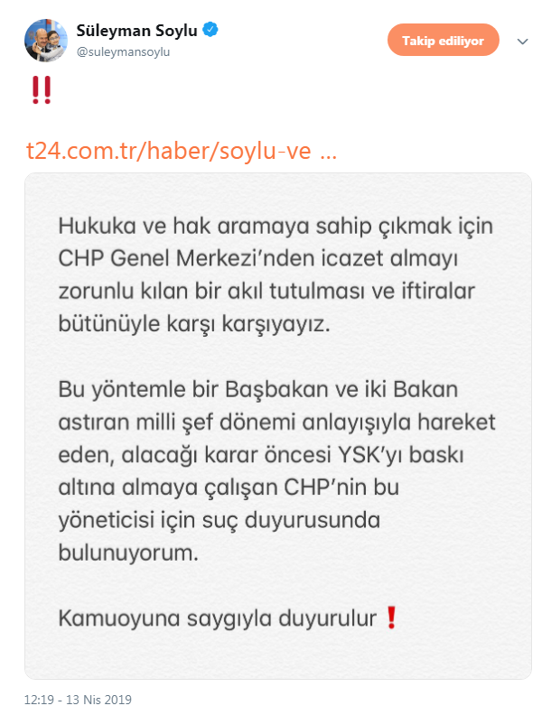 Süleyman Soylu'dan CHP'li Muharrem Erkek'e suç duyurusu - Resim : 1