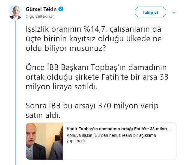 CHP'li Tekin: 'İstanbul’da o arazi Topbaş’ın damadına verildi' - Resim : 1