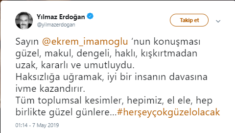 Yılmaz Erdoğan'dan Ekrem İmamoğlu'na: Hep birlikte güzel günlere - Resim : 1