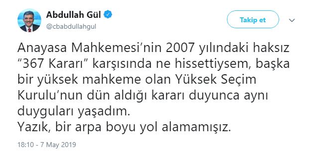 Abdullah Gül'den YSK'nın İstanbul kararına tepki - Resim : 1