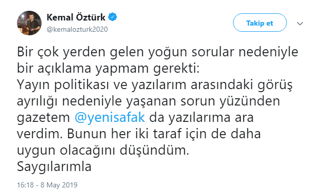 Sansüre uğrayan Kemal Öztürk'ten Yeni Şafak kararı - Resim : 1