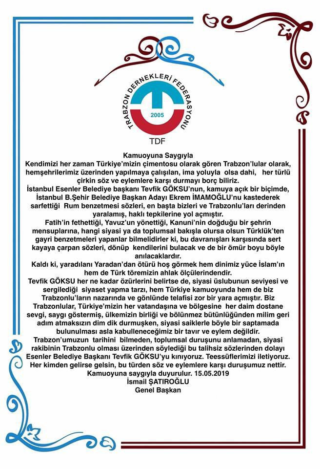 Trabzon Dernekleri Federasyonu'ndan AKP'li Tevfik Göksu'ya Trabzon tepkisi - Resim : 1