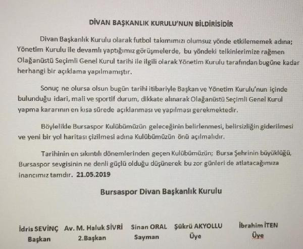 Bursaspor'da Divan Başkanlık Kurulu'ndan seçim çağrısı - Resim : 1