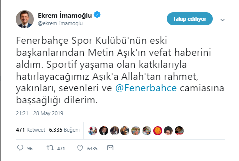 Ekrem İmamoğlu'ndan Fenerbahçe'ye başsağlı mesajı - Resim : 1