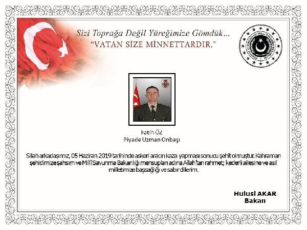 Hulusi Akar, şehit asker için başsağlığı mesajı yayımladı - Resim : 1