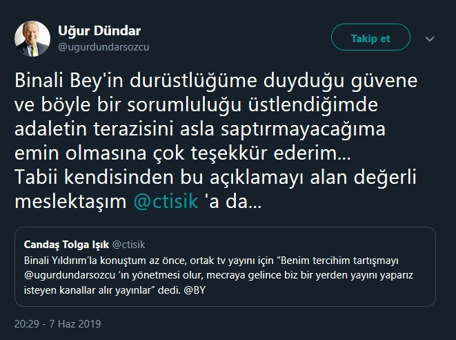 Binali Yıldırım'ın moderatör olarak istediği Uğur Dündar'dan ilk açıklama - Resim : 1