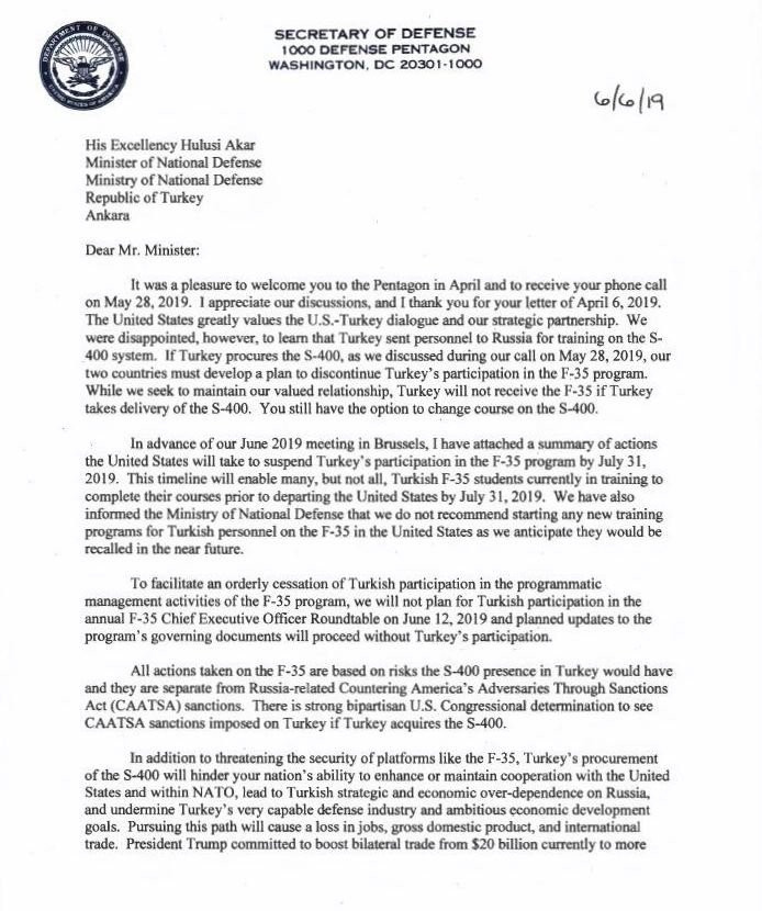 Pentagon’dan Akar’a mektup: ABD, Türkiye’yi F-35 projesinden çıkarıyor - Resim : 1