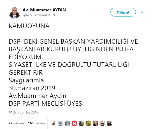 DSP'nin İBB adayı Muammer Aydın'dan istifa kararı - Resim : 2