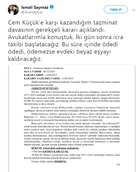 İsmail Saymaz'dan Cem Küçük'e: Tazminatı 2 gün içinde ödemezse... - Resim : 1