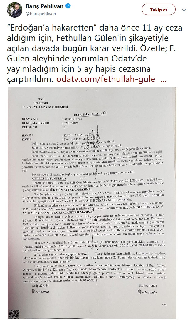 FETÖ lideri Gülen'in şikayeti sonrası Barış Pehlivan'a hapis cezası - Resim : 1