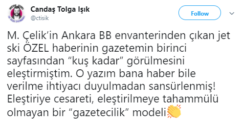 Posta Gazetesi'nden Candaş Tolga Işık'a 'jet ski' sansürü - Resim : 1