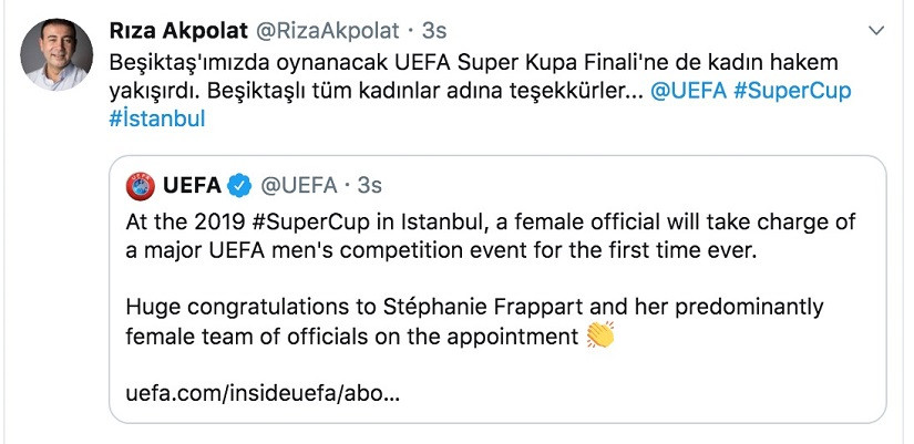 Beşiktaş Belediye Başkanı Rıza Akpolat'tan UEFA'ya teşekkür mesajı - Resim : 1