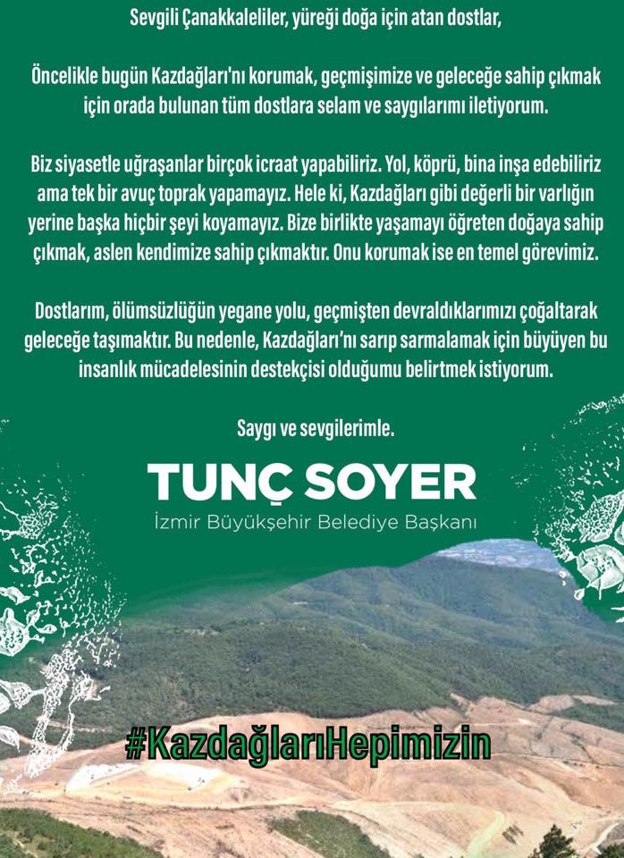 Tunç Soyer'den Kaz Dağları paylaşımı: İnsanlık mücadelesinin destekçisiyim - Resim : 1