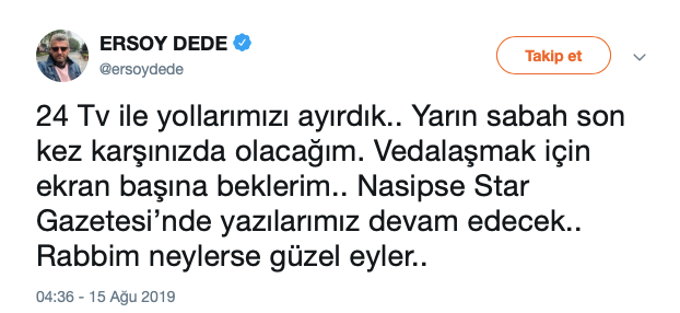 Ersoy Dede'nin 24 TV ile yolları ayrıldı - Resim : 1