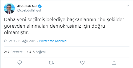 Abdullah Gül'den seçilmiş belediye başkanlarının görevden alınmasına tepki - Resim : 1