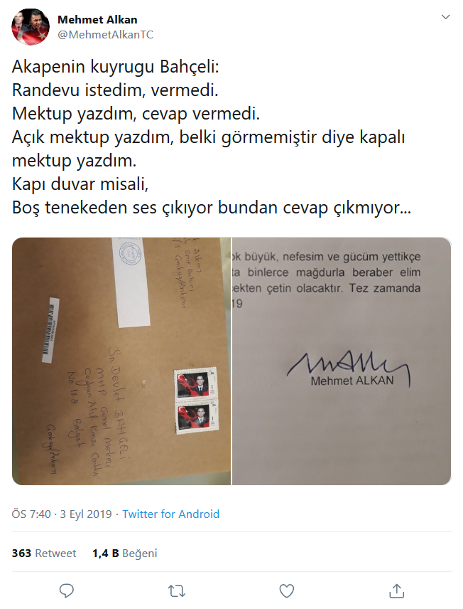 Şehit ağabeyi Yarbay Mehmet Alkan'dan Bahçeli'ye mektup - Resim : 1