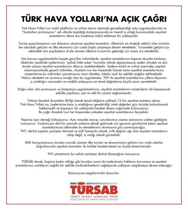TÜRSAB'dan Türk Hava Yolları'na kampanya tepkisi - Resim : 1
