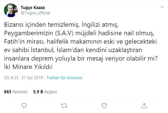 Tuğçe Kazaz'dan tepki çeken deprem paylaşımı - Resim : 1