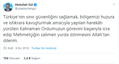 Abdullah Gül'den Barış Pınarı Harekatı paylaşımı - Resim : 1