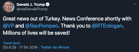 Erdoğan - Pence görüşmesi sonrası Trump'tan ilk tweet: Teşekkürler Erdoğan - Resim : 1