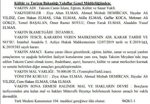 Taksim Camii İslam, Eğitim, Kültür ve Sanat Vakfı kuruldu - Resim : 1