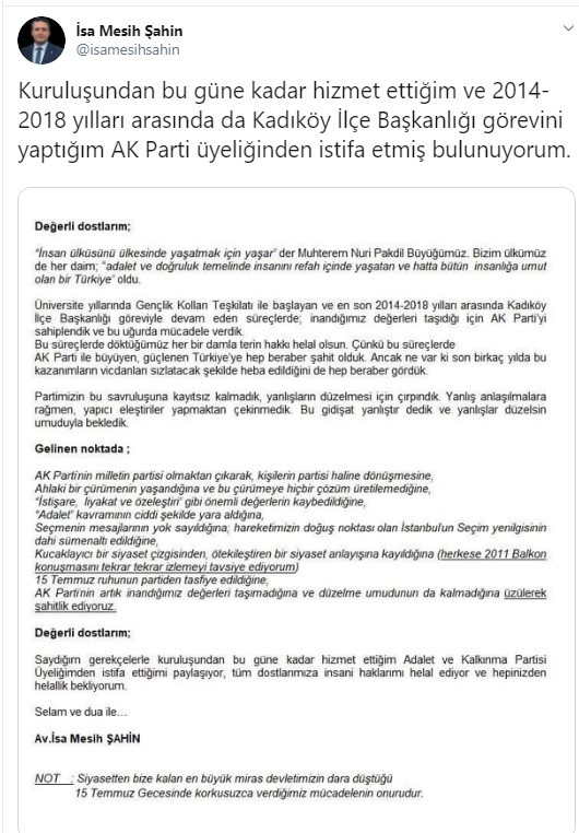 AKP'li İsa Mesih Şahin istifasını böyle duyurdu: 'Ahlaki bir çürüme...' - Resim : 1