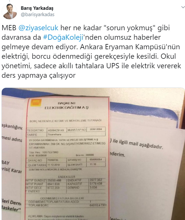 Doğa Koleji Ankara Eryaman Kampüsü'nün elektriği borç yüzünden kesildi - Resim : 1