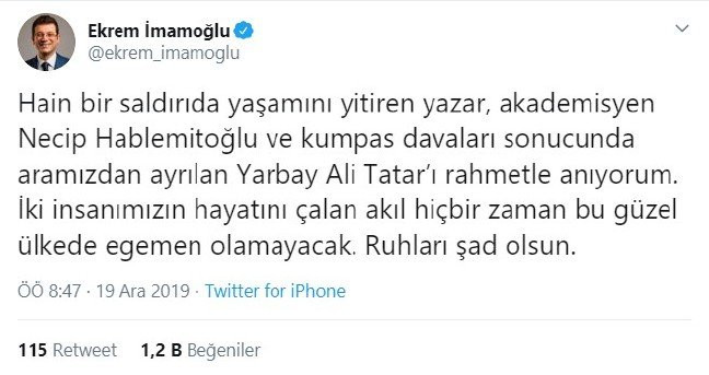 İmamoğlu'ndan Necip Hablemitoğlu ile Ali Tatar mesajı - Resim : 1