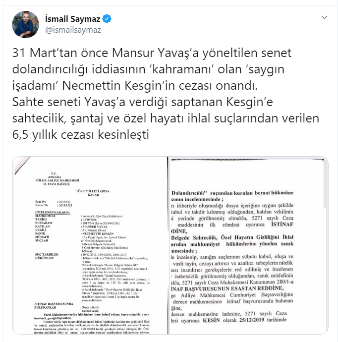 Yavaş'a sahte senet veren Necmettin Kesgin'in hapis cezası onandı - Resim : 1