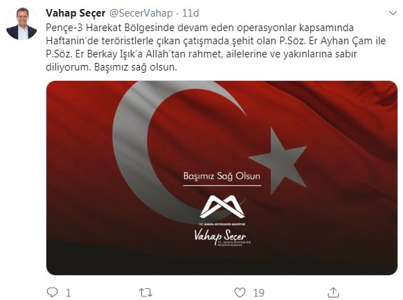 Vahap Seçer'den şehit Ayhan Çam ve Berkay Işık için başsağlığı mesajı - Resim : 1