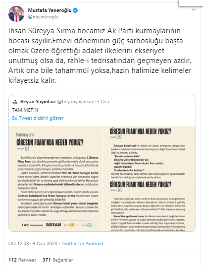 Mustafa Yeneroğlu'ndan AKP'ye: Hocanıza da mı tahammülünüz yok? - Resim : 1