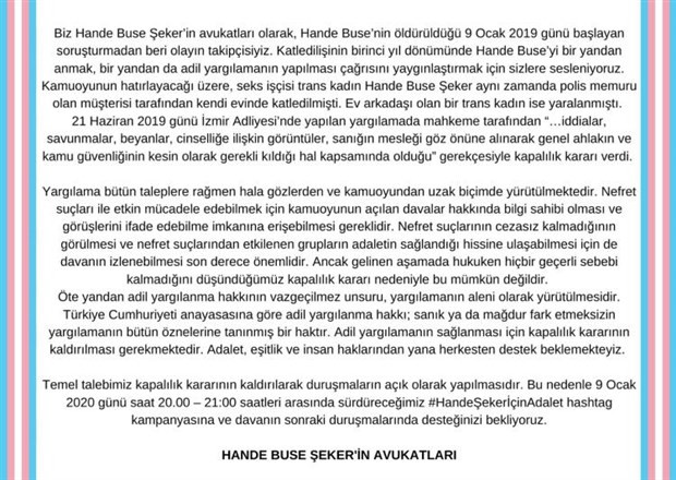 'Genel ahlak' gerekçesiyle kapalı görülen Hande Şeker cinayeti davası için avukatlardan çağrı - Resim : 1