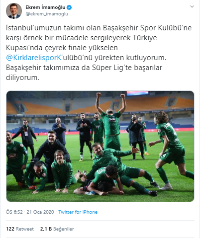 Ekrem İmamoğlu'ndan Başakşehir'i eleyen Kırklarelispor'a tebrik - Resim : 1
