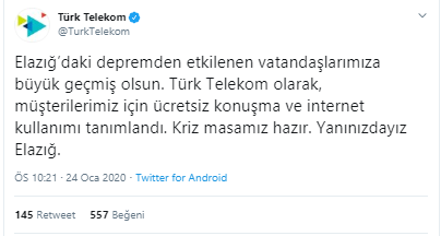 Türk Telekom'dan depremin ardından 'ücretsiz konuşma ve internet' açıklaması - Resim : 1