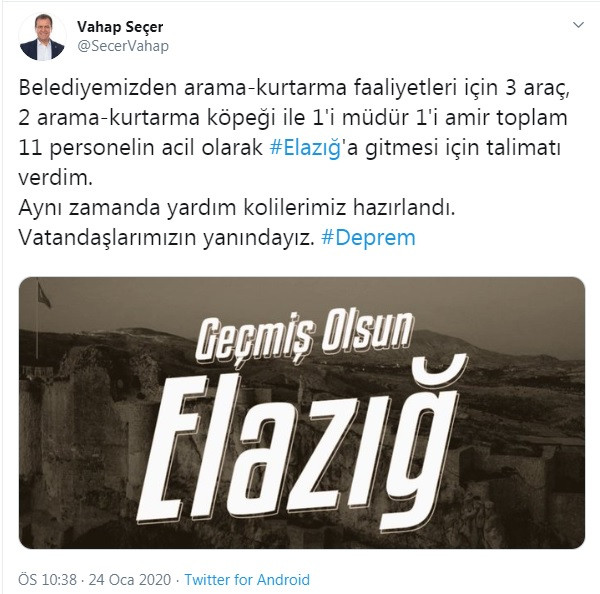 Mersin Büyükşehir Belediye Başkanı Vahap Seçer'den Elazığ talimatı - Resim : 1
