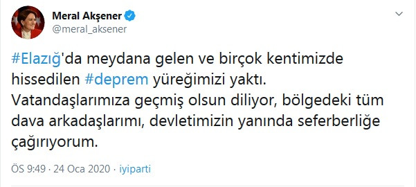 Meral Akşener'den Elazığ depremi tweeti: Deprem yüreğimizi yaktı - Resim : 1