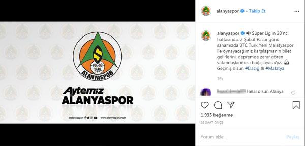 Alanyaspor, Malatya maçı tribün gelirlerini depremzedelere bağışladı - Resim : 1