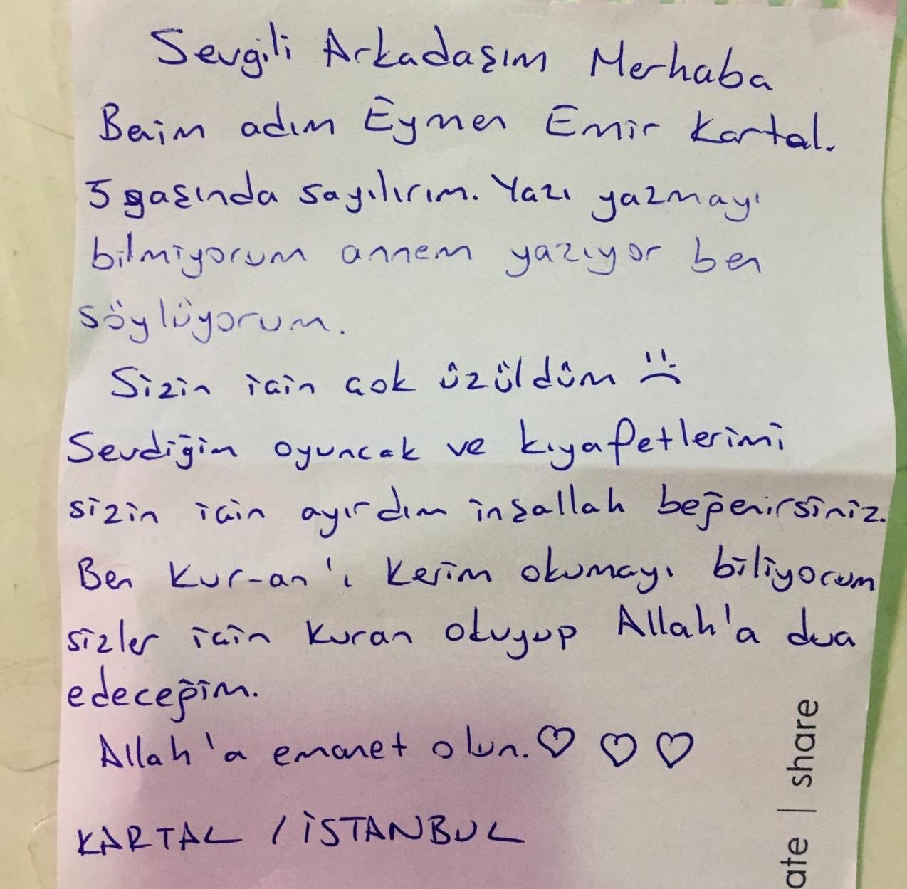 Kartallı çocuklardan Elazığlı depremzedelere duygu yüklü mektuplar - Resim : 1