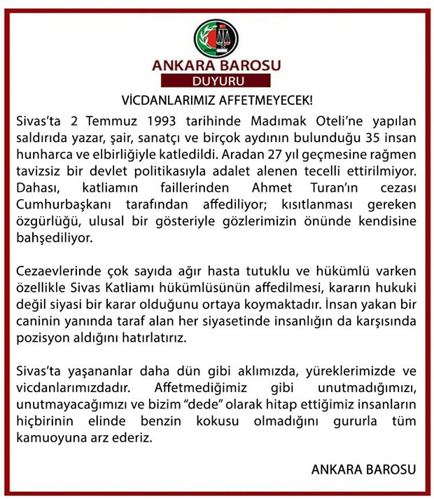 Ankara Barosu'ndan Sivas Katliamı sanığının cezasının kaldırılmasına tepki - Resim : 1