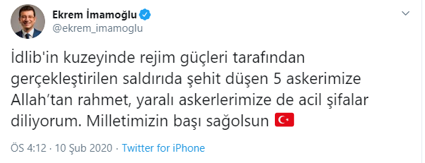 Ekrem İmamoğlu'ndan şehitler için başsağlığı mesajı - Resim : 1