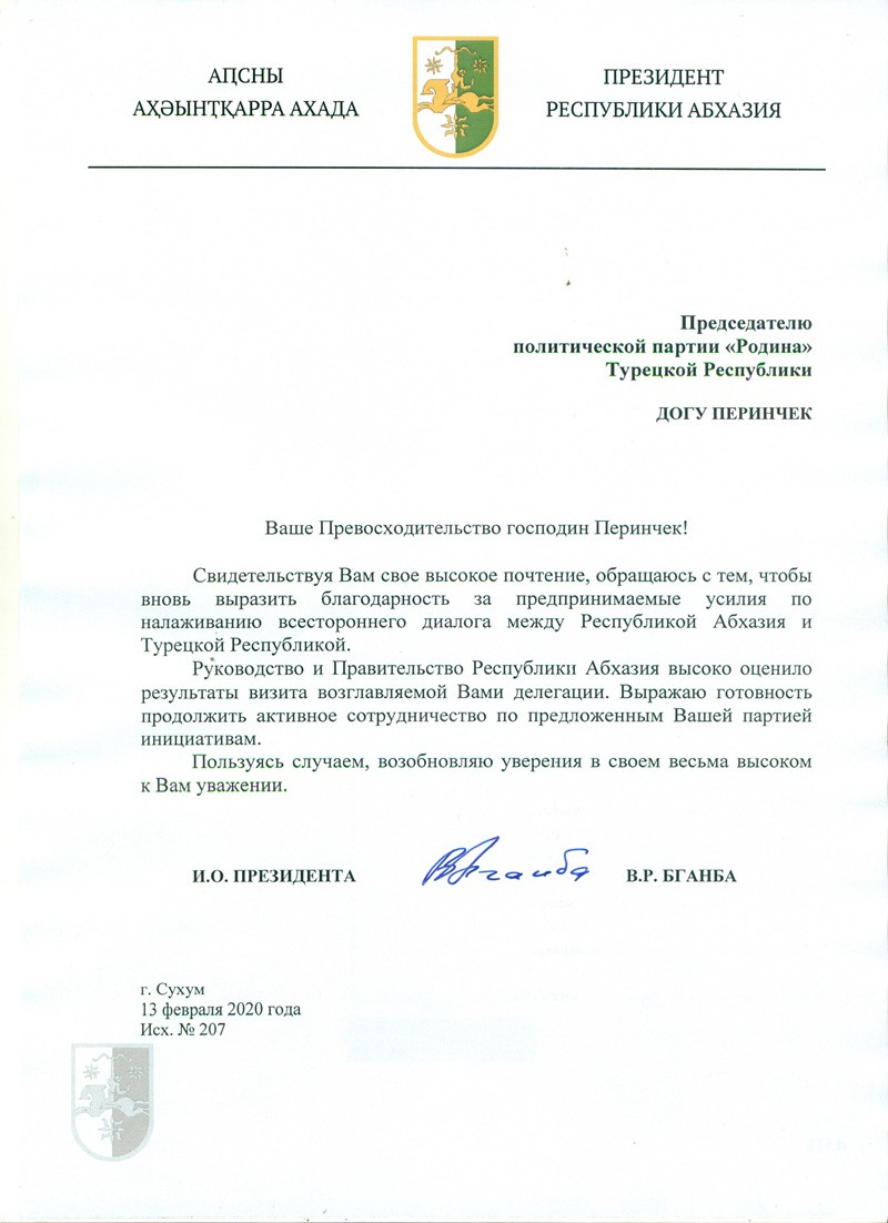 Abhazya Cumhurbaşkanından Doğu Perinçek'e mektup - Resim : 1