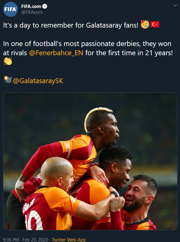 Kadıköy'de 21 yıl sonra gelen galibiyetin ardından FIFA'dan Galatasaray paylaşımı - Resim : 1