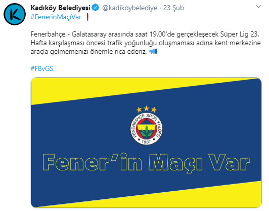 Kadıköy Belediyesi'nin derbi günü attığı 'tweet'e Galatasaraylılardan tepki - Resim : 1